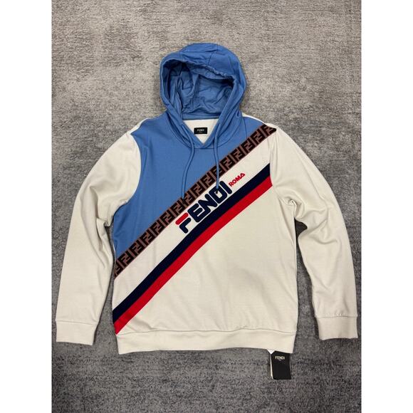 Fendi Roma Mania Fila All Over Logo White Blue Red Sweatshirt Hoodie Large L - Picture 2 of 16